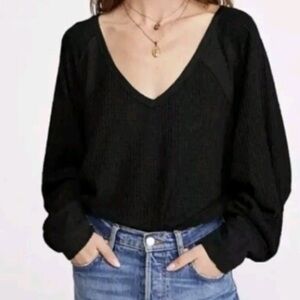 We The Free Top Waffle Knit Long Sleeve Oversized V-Neck Top| Size S Black